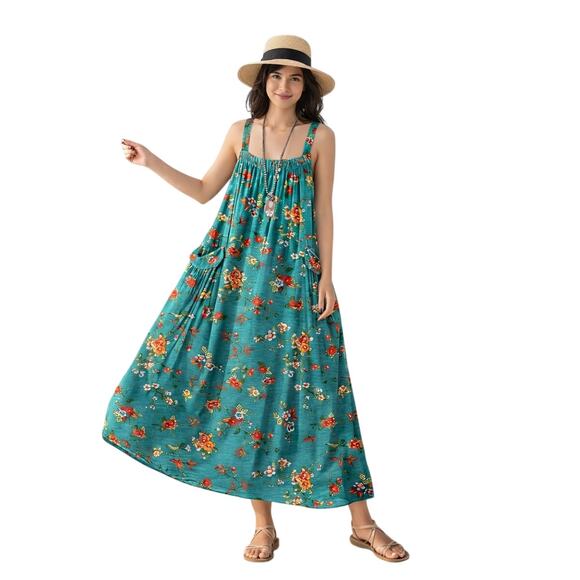 Women’s Boho Floral Maxi Overall Dress Cotton Rayon Casual Jumper w Pockets L - Picture 2 of 8